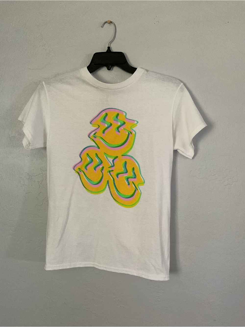 Junk Food Clothing White Tee with Neon Triple Smiley Graphic